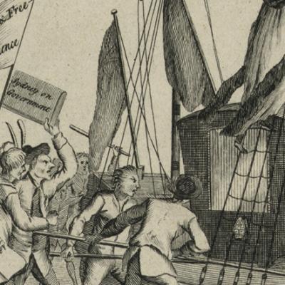 1768 cartoon of American colonists pushing away Anglican ship from harbor